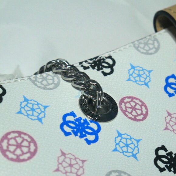 NEW Guess Greta Tote Handbag White Multi Logo Print Faux Leather Tan Trim Studde - Picture 10 of 10